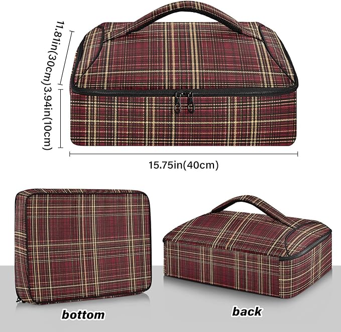 Casserole Carrier Red and Brown Tartan Print Pattern Insulated Casserole Carrier for Hot or Cold Food Thermal Lunch Tote for Parties Picnic Travel Carry Bag