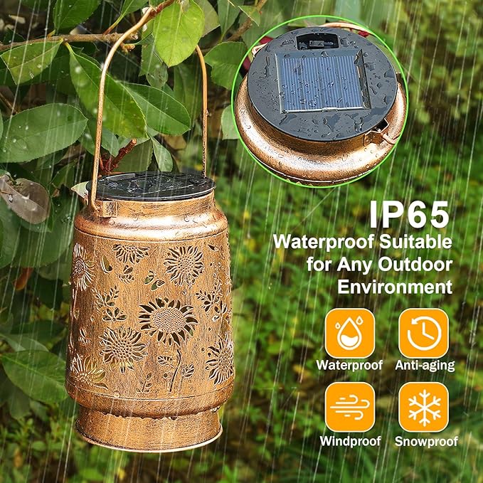 Sunflower Solar Lanterns Outdoor Waterproof Gifts for Women Mom Grandma Birthday Metal Hanging Lantern Solar Lights LED Decoration with Shepherd Hook Outside for Yard Patio Porch Garden Decor