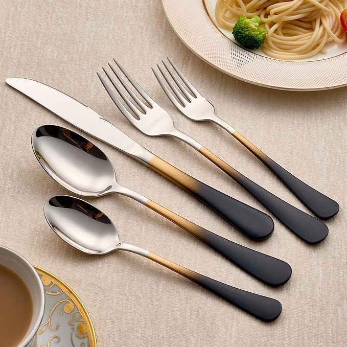 20-Piece Black Gold Silverware Set 18/0 Stainless Steel Silverware Set Black Gold Handle Cutlery Set Service for 4 Dinner Knives Forks Spoons Set Flatware Set Finish Dishwasher Safe