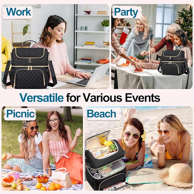 Lunch Bags for Women Dual Compartment Lunch Box Lunch Bag for Work Leakproof Lunch Cooler Large Insulated Lunchbox for Adult for Women Men Lunchbag for Picnic Beach (Black)