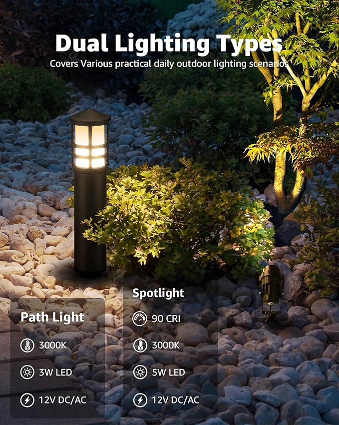 SUNVIE 12-Pack Low Voltage Landscape Lighting Kit LED Bollard Pathway Lights Wired with Spotlights for Garden Path Yard Patio Cast-Aluminum IP65 Waterproof 12-24V AC/DC 3000K Warm White Black