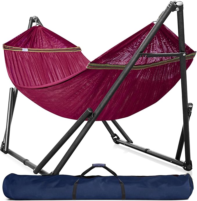 Tranquillo Universal Double Hammock with Stand Included for 2 Persons/Foldable Hammock Stand 600 lbs Capacity Portable Case - Inhouse Outdoor Camping Red