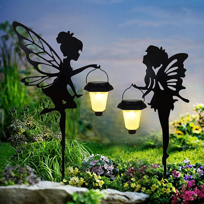 Solar Fairy Garden Stake Decorative Lantern 2 Pack Metal Fairy Angel Garden Silhouette Lights for Lawn Pathway Patio Yard Outdoor Decor