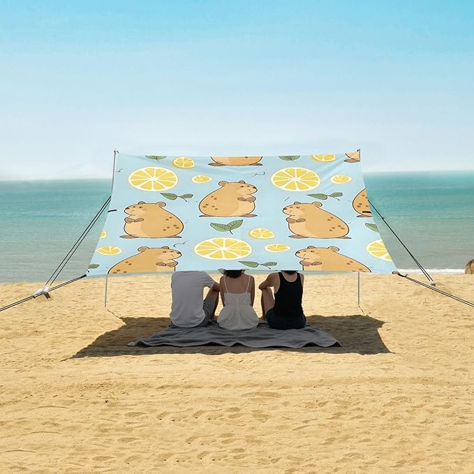 Cute Capybara and Lemon Camping Sun Shelter Beach Tent Portable Beach Sun Shade Outdoor Canopy for Camping Trips Fishing Picnic