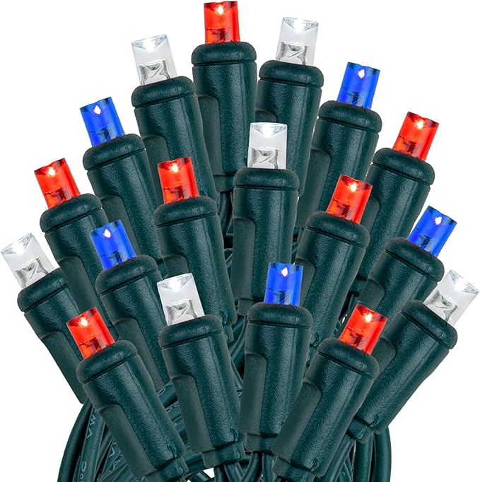 Novelty Lights 25ft 50 LED Red/Pure White/Blue Christmas Lights Outdoor/Indoor 6 Spacing Green Wire String Lights for Festive Xmas Lighting IP55 UL Listed Dimmable Connectable