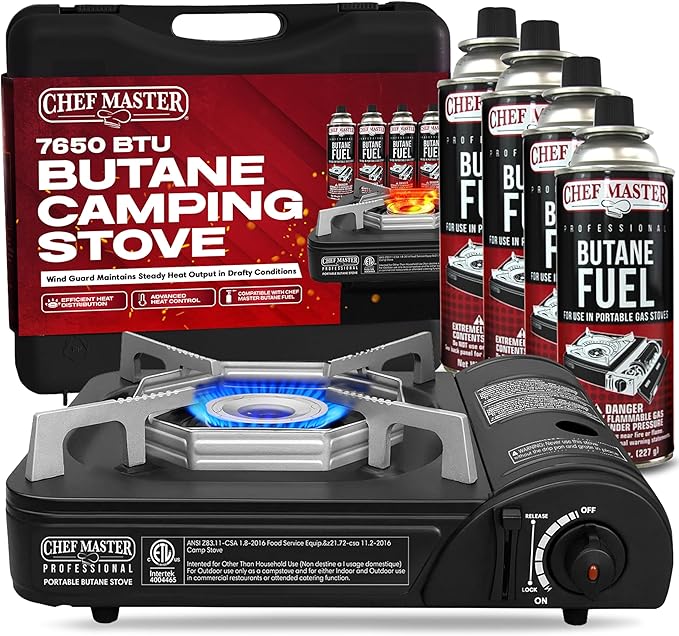 Portable Butane Camping Stove COMBO Piezo Ignition Wind-Guard 7650 BTU Portable Stove Burner w/ 4 x 8oz. Butane Fuel Canister for Emergencies Hiking &amp Outdoor Camping Essential by Chef Master 9