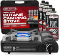 Portable Butane Camping Stove COMBO Piezo Ignition Wind-Guard 7650 BTU Portable Stove Burner w/ 4 x 8oz. Butane Fuel Canister for Emergencies Hiking &amp Outdoor Camping Essential by Chef Master 9