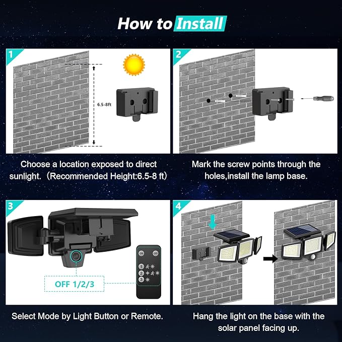 Tuffenough Solar Outdoor Lights 2500LM 210 LED Security Lights with Remote Control3 Heads Motion Sensor Lights IP65 Waterproof270° Wide Angle Flood Wall Lights with 3 Modes(3 Packs)