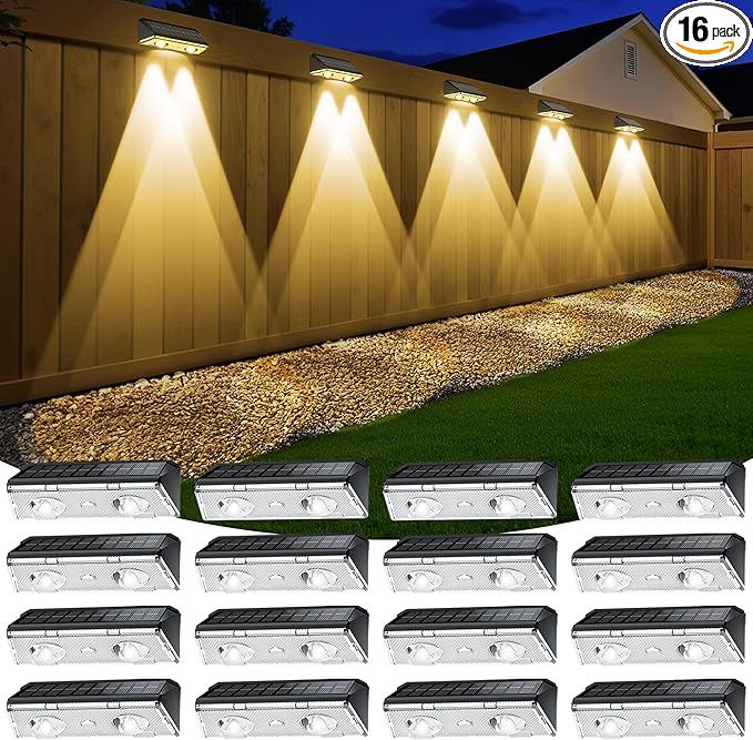 Solar Fence Lights Outdoor 16 Pack IP65 Waterproof Fence Lights Solar Powered with Ultra-Bright LED Lens 9 Color Modes 12+ Hours Steady Glow for Deck/Backyard/Patio/Pool/Wall - Black