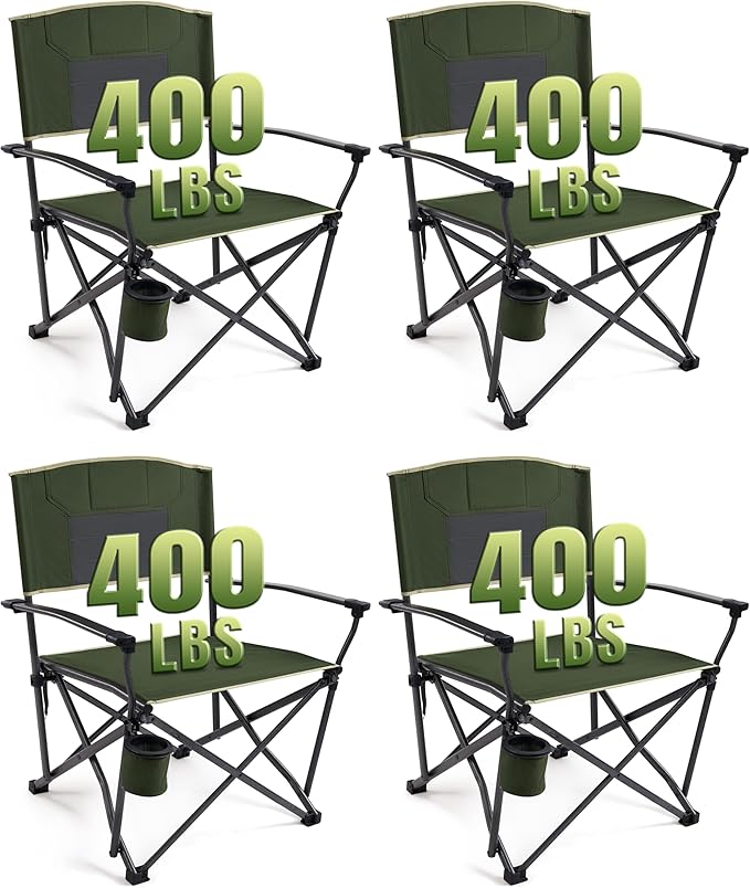 Folding Camping Chairs for Adults Heavy Duty Plus Size Camping Chairs 400 lb Steel Frame Metal Arm Lawn Chairs with Cup Holder Extra Large Camp Chair for Outdoor Sports Green 4 Pack (2 Pack x 2)