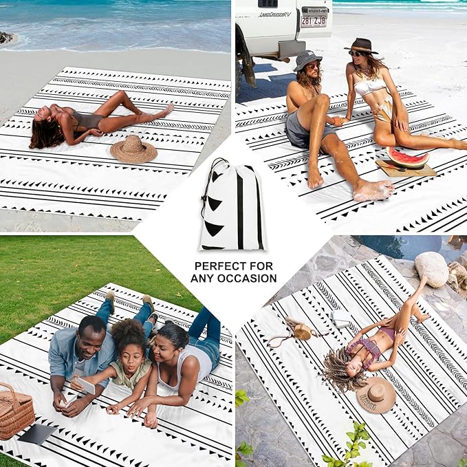 BEW Large Beach Blanket for 1-4 Adults 78in×86in Waterproof Sandproof Blankets with 4 Stakes &amp Corner Pockets Polyester Lightweight Foldable Outdoor Picnic Mat Camping Hiking White-black Lines