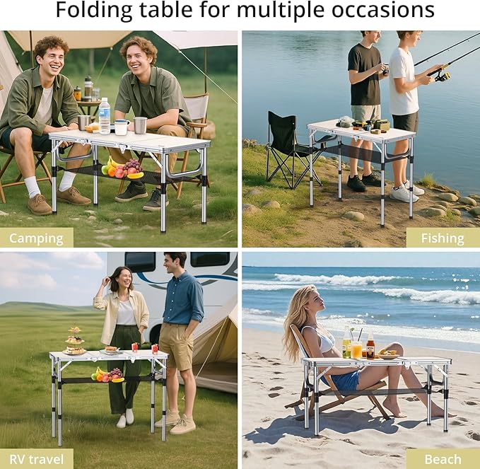 Anbte Folding Camping Table with Storage Net 3ft Camping Table Aluminum Folding Table with 3 Adjustable Height Max 27.1 Inch Portable for Outdoor Backyard BBQ Silver