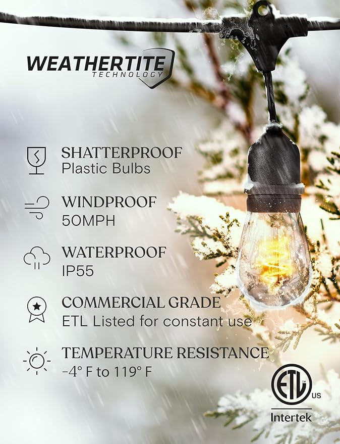 Brightech Ambience Pro - Waterproof LED Outdoor String Lights - 15 Bulbs Dimmable 2W Vintage Spiral Edison Bulbs - 48 Ft Commercial Grade Patio Lights Cafe Ambience in Your Backyard