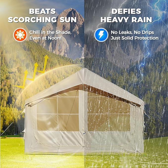 Glamcamp 4-6 Person Inflatable Tent - Quick Setup Air Tent with Stove Jack 420D Oxford (PU2000) 15cm Air Beams 2 Doors &amp Windows