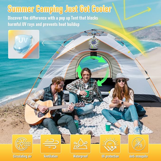 Instant Pop Up Tent for Camping - 2-3 Person Waterproof Tent with Air Circulation Fan UPF 50+ Sun Protection 60-Second Setup for Family and Backpacking