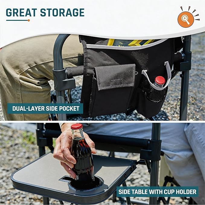 Camping Chairs for Adults Directors Chair with Side Table 1-Step Setup Mesh Backrest Folding Lawn Chairs with Pocket Foldable Camp Chair for Outdoor Picnic Sports and Fishing Black