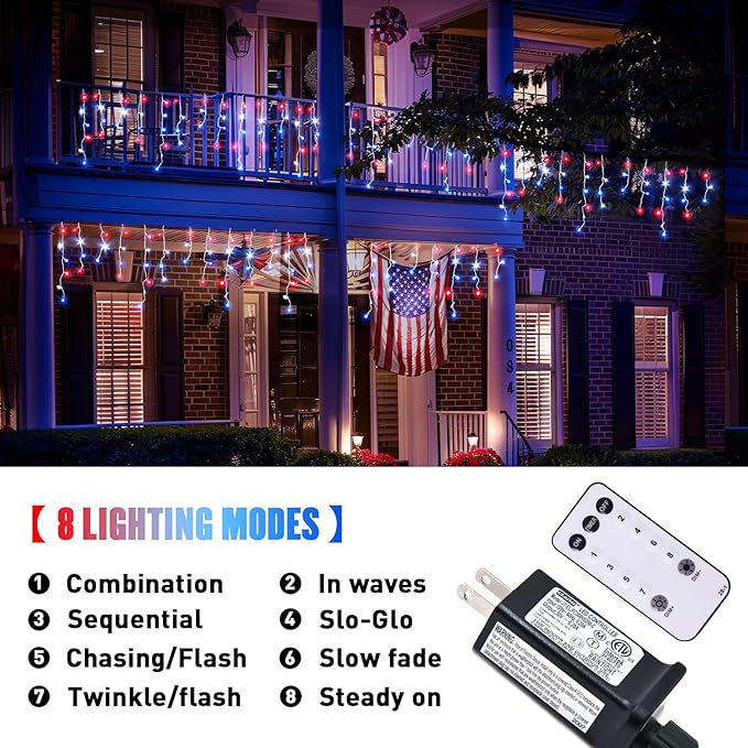 JMEXSUSS Icicle Lights for 4th of July Decor 400 LED Red White and Blue Icicle Lights for Outside 38.8 Ft Independence Day Icicle String Light Indoor Outdoor Holiday American Flag Decor