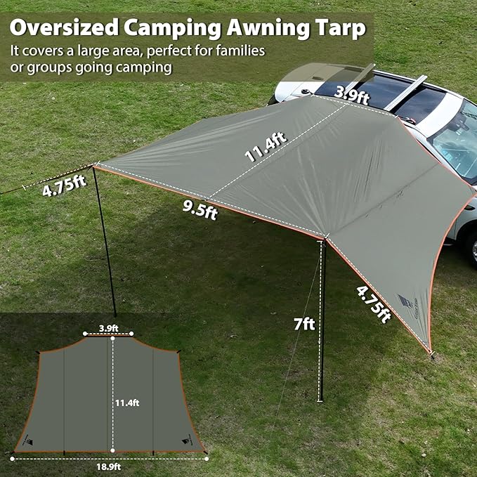 GEERTOP Large Car Side Camping Awning 19 x 11 ft SUV Canopy Tarp Waterproof Outdoor Vehicle Sun Shade Shelter for Truck MPV Van Campers