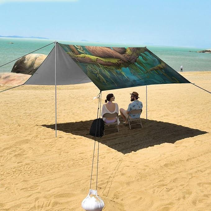 Cute Sloth Beach Tent Sun Shelter 9.2' x 10.5' Beach Canopy with 4 Sandbags 4 Stability Poles Sand Shovels - Tent Canopy for Beach Camping Fishing Picnics