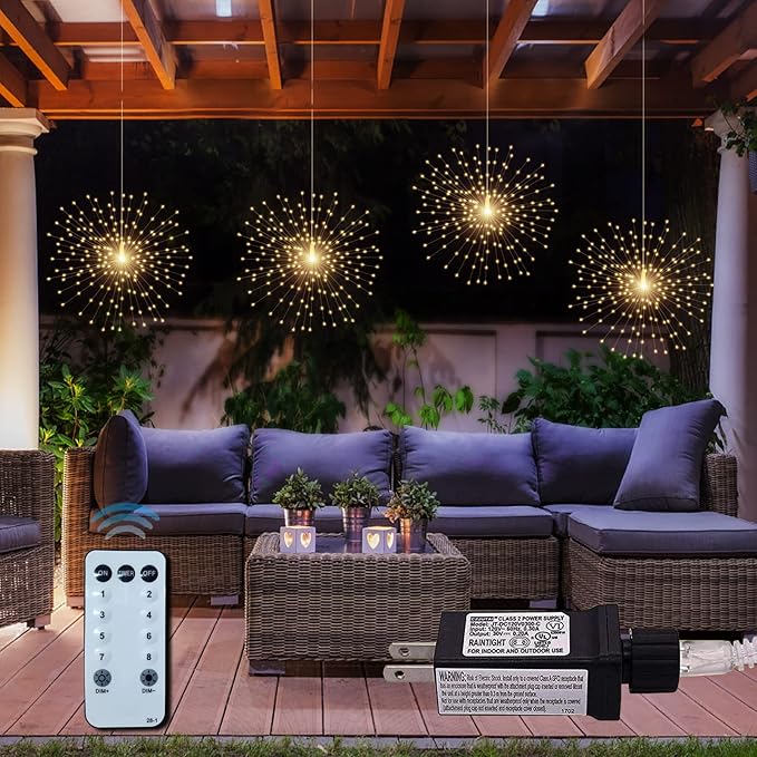4 Pack 800 LED Plug in Starburst Sphere LightsFirework Light 8 Modes Dimmable Remote ControlWaterproof Copper Wire Hanging Fairy Lights for Patio Parties Tent Christmas (Warm White)