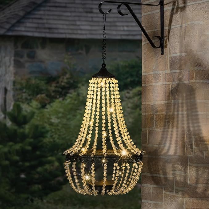 Hanging Solar Lantern Outdoor 28” Modern Clear Crystal Acrylic Chandelier with 30 Warm White Lights S Hook for Garden Yard Patio Gazebo Decorations