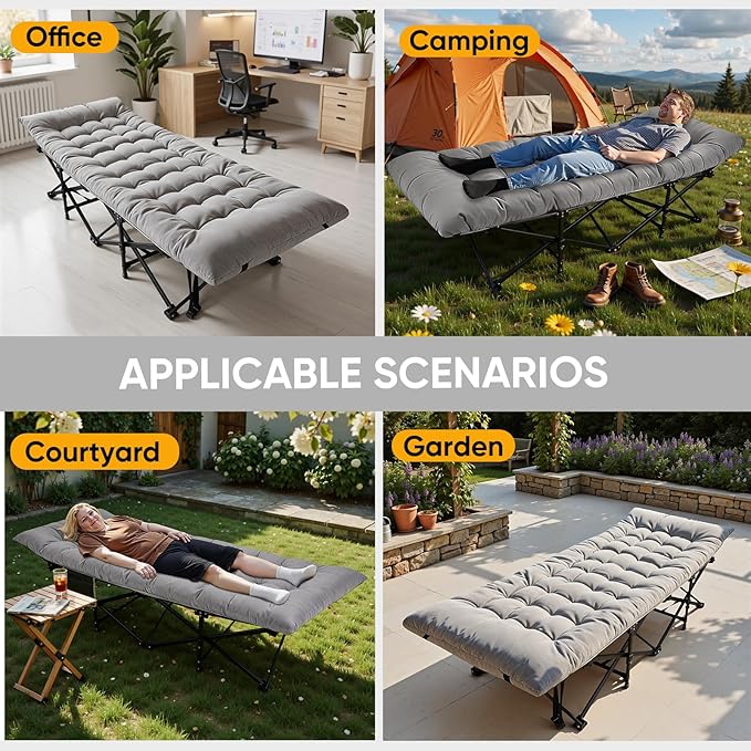 Northroad Camping Cot with Thick MattressQuick Set-Up Sleeping Cots Bed with Side Pocket for Outdoor Camping Office Nap Home Garden Beach Travel Grey