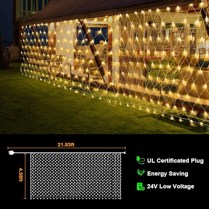 (Upgraded) Outdoor Christmas Lights 360 LED Sturdy Net Lights 12x5Ft Outdoor String Lights [8 Modes &amp Waterproof] Christmas Decoration for New Year Bushes Gardens Lawns Patio Decor - Warmwhi