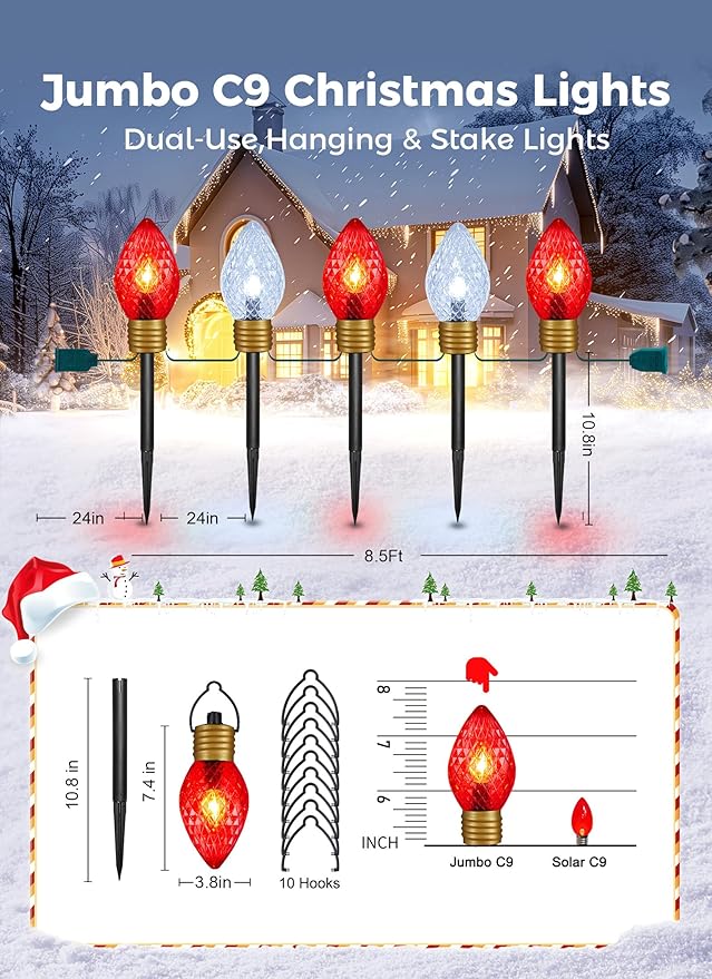 Moonflor Strawberry Jumbo C9 Christmas Pathway Lights Outdoor - 8.5FT 5 LED C9 Walkway Light Christma Decoration Outside Christmas Lights Outdoor for Lawn Holiday Yard Red &amp Pure White
