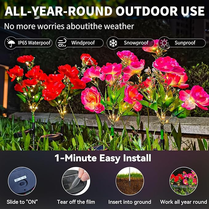 Neporal Solar Flowers Outdoor Waterproof Camellia4PK Decorative Garden Lights Solar Powered Dusk to Dawn 7-Stem 2 Lighting Modes Plants Lights for Yard Backyard Porch (Pink+Red)