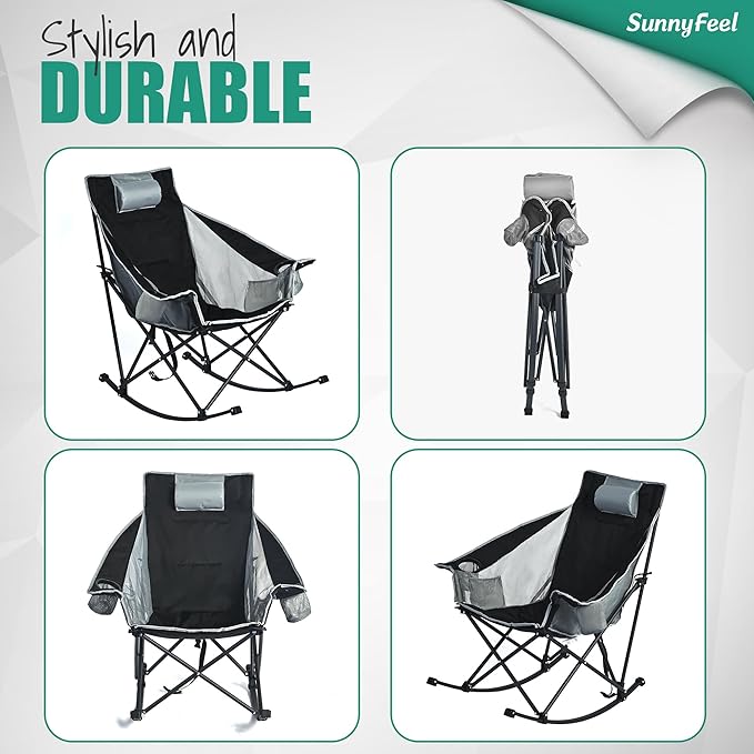 SUNNYFEEL Oversized Rocking Camping Chair Fully Padded Patio Chair with Side Pocket High Back Portable Lawn Recliner with Headrest Outdoor Camp Rocker Chairs for Adults Heavy Duty 500 LBS Carry Bag