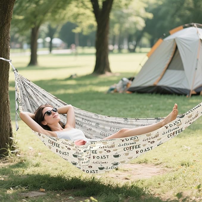 Camping Hammock Outdoor Hammocks for Outside Coffee Letters Beach Trees Portable Lightweight with Pockets Tree Straps Indoor