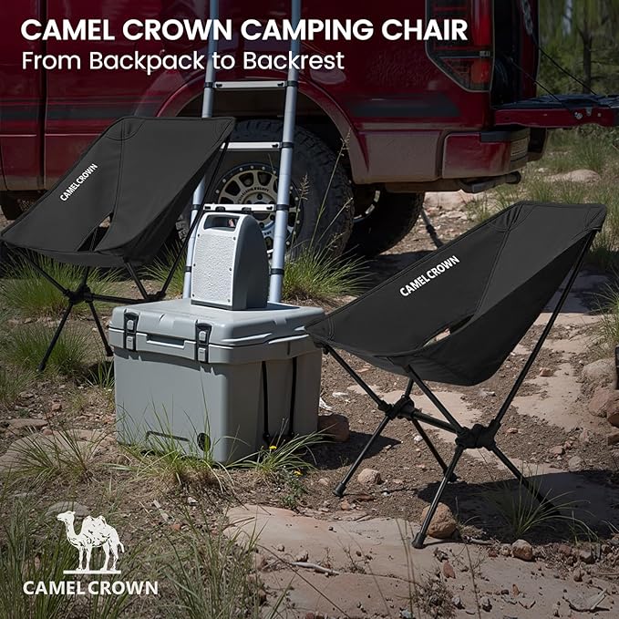 CAMEL CROWN Portable Camping Chair Folding Compact Lawn Lightweight Backpacking Chair with Carry Bag for Outdoor Hiking Beach Travel Picnic Festival Black 2pc