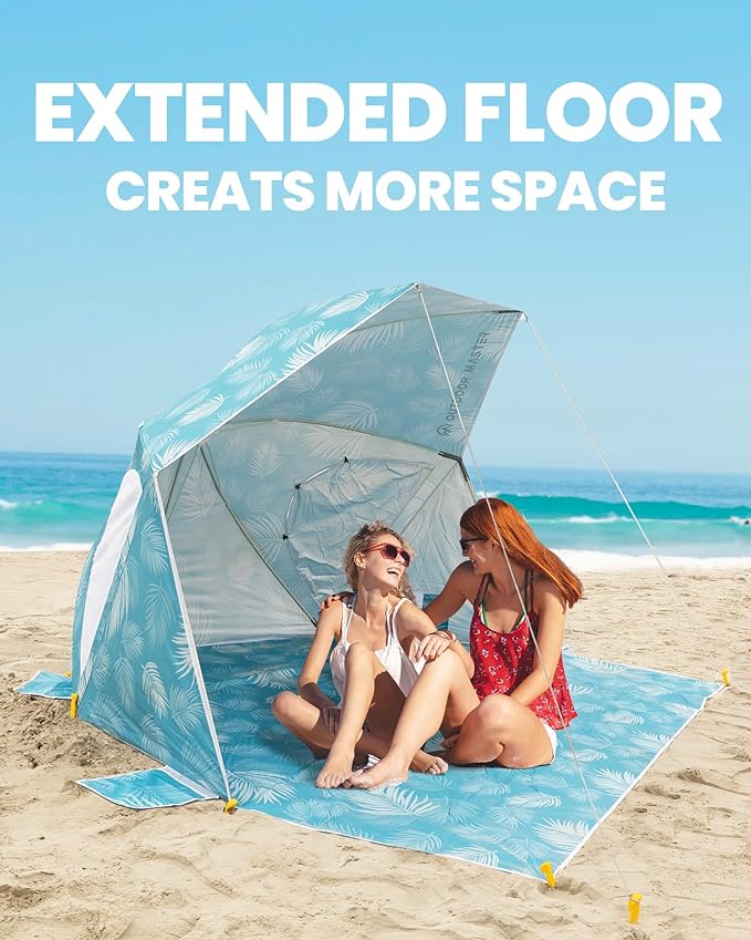 OutdoorMaster Pop Up Beach Umbrella Portable Beach Tent Shelter Beach Shade Sun Canopy with UPF 50+ UV Protection Extendable Floor with Carrying Bag