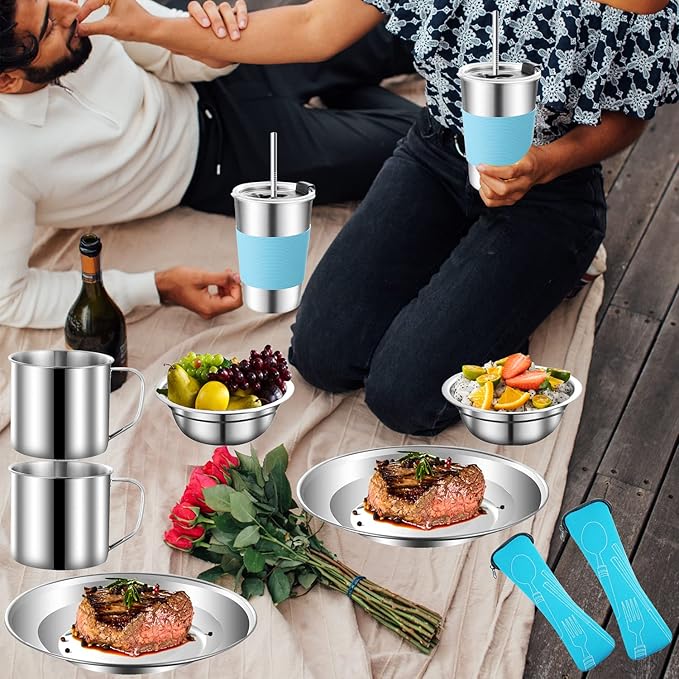 Camping Mess Kit Camping Dishes Set Stainless Steel Tableware Mess Kit Includes Plate Bowl Cup Spoon Fork Knife in Mesh Bags for Camping Backpacking &amp Hiking for 2 Person