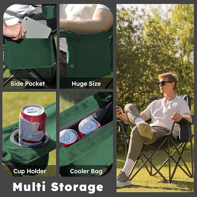 Oversized Folding Camping Chairs - 450 LBS Support Heavy Duty Camp Chair with Padded Cushion Portable Outside Chairs with Carry BagCooler Cup Holder for Outdoor Lawn Sports - Green