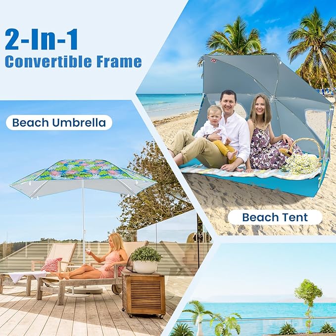 2-in-1 Beach Tent for 2-4 People UPF 50+ with Beach Umbrella with Roll-Up Windows Dual Side Flaps Groundsheet &amp Carry Bag Beach Shade for Camping Picnic &amp Sports Events