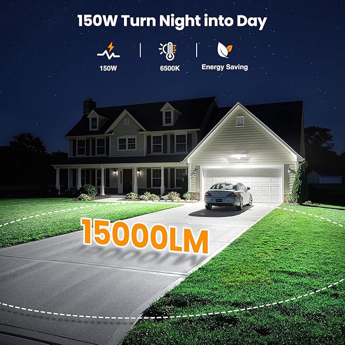 Onforu 150W LED Flood Lights Outdoor 15000LM Brightness Security Light Switch Controlled 6500K Outside Floodlight with 5 Adjustable Heads Waterproof Exterior Light for Yard Garage Patio