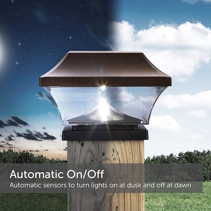 Solar Post Lights | Automatic ON/Off Waterproof Outdoor Cap Lights for 4 x 4 Wooden Post | Cool White 8-Pack (Brown)