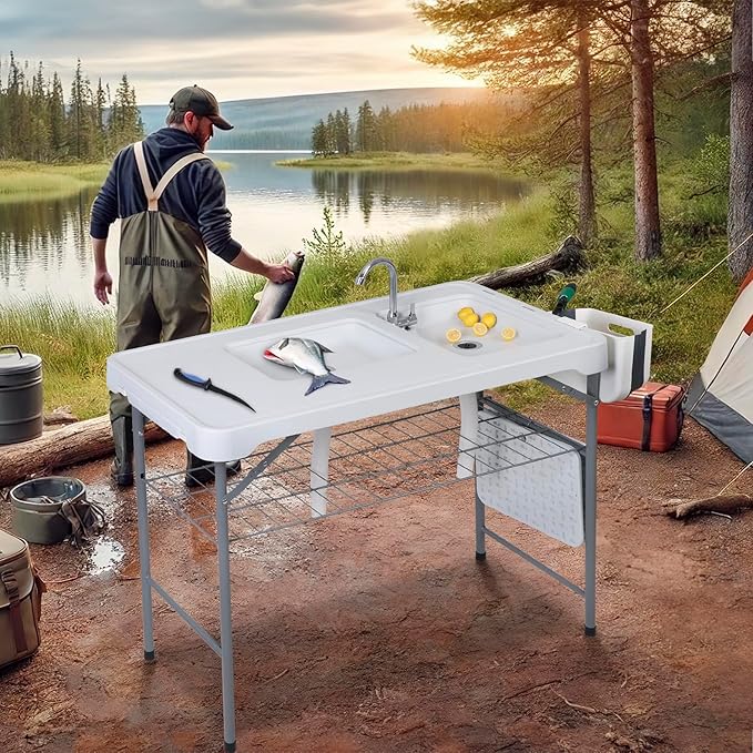 ZENY Fish Cleaning Table with Sink 42.4 Width Portable Folding Camping Table Outdoor Fish Cleaning Station with Grid Rack and Fish Cleaning Kit for Picnic