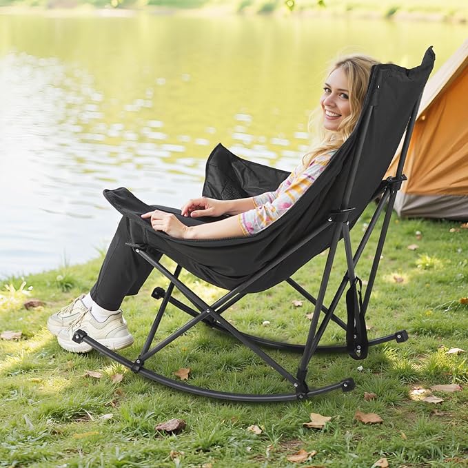 VEVOR Rocking Camping Chair Portable Folding Rocker Heavy-Duty Lawn Chair Recliner with Cupholder &amp Pocket Supports 225lbs Fully Padded Camp Chairs for Outdoor Patio Backyard Porch Garden
