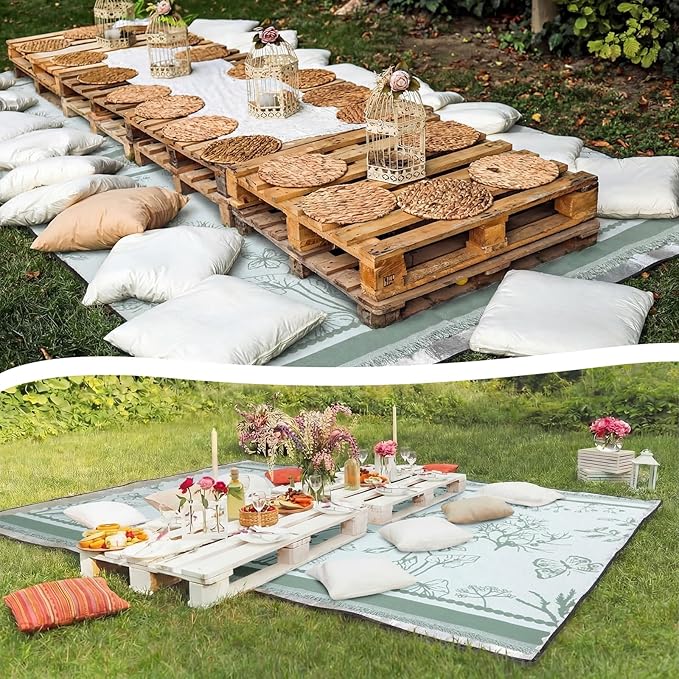 91x 71 in Extra Large Outdoor Picnic Blanket with Waterproof Mat Oversize Beach Woven Cotton Yarn Blanket with Fringe Machine Sandproof for Spring Summer Camping Beach Park(PlantsGreen)