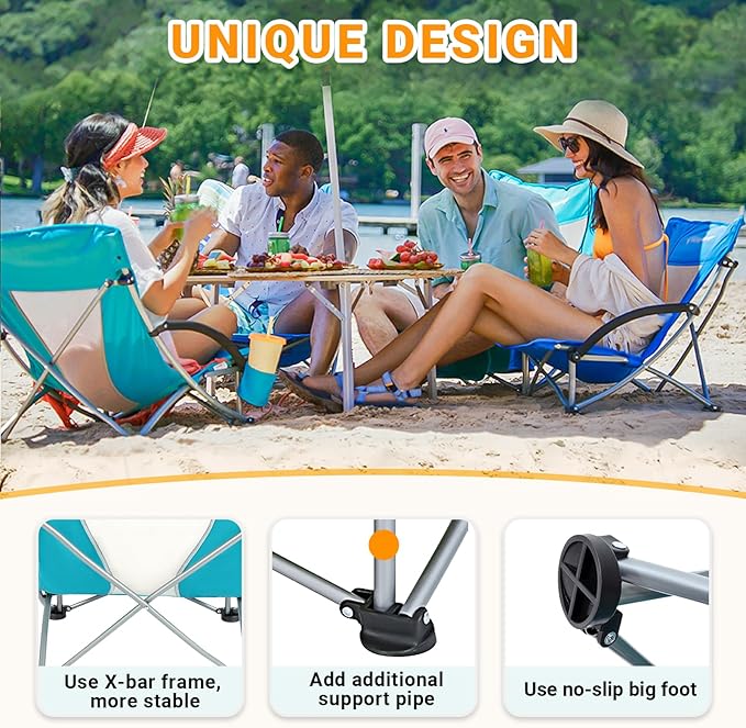 KingCamp Low Beach Chair Folding Portable Lightweight Backpack Chair for Adults with Cup Holder Pocket Carry Bag for Outdoor Camping Concert Festival Travel Sports Lawn Sand Cyan