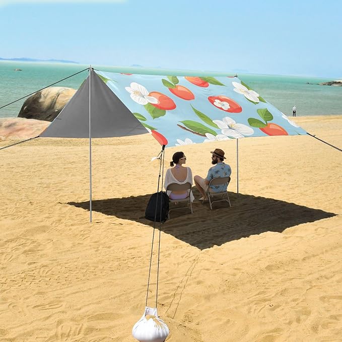 ALAZA Cherry &amp Flowers Beach Tent Sun Shelter UPF50+ Protection Beach Shade Canopy w/ 4 Sandbags for Outdoor Camping Fishing Backyard Fun Picnic 10x9 ft