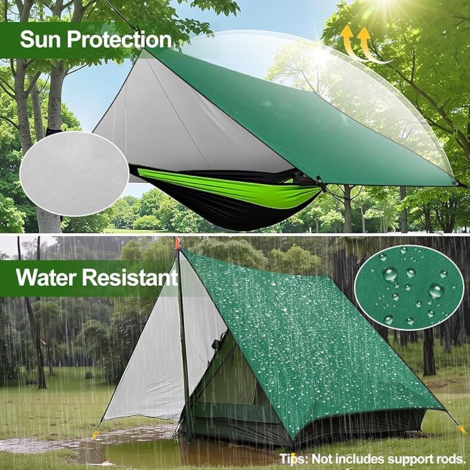 Rhino Valley Waterproof Tent Tarp 9.8 × 9.8 Ft Large Outdoor Shelter Cover with Light Strings Lightweight Portable Tarp Shelter Rain Tarp Camping Canopy for Hiking Traveling Backpacking