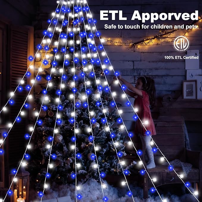 Christmas Decorations Outdoor11.5 ft 317 LED Star Christmas Tree Lights8 Memory Lighting Modes&ampTimer Star Light for YardWeddingParty Decorations(Blue+White)
