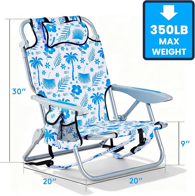 Portable Beach Chair for Adults Outdoor Camping Chair Lay Flat Folding Backpack Beach Reclining Chair with 5 Positions Headrest Cup Holder Heavy Blue Coconut Tree