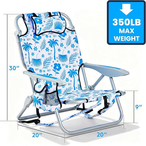 2 Pack Lightweight Portable Camping Beach Chair for Adults Outdoor Lay Flat Folding Beach Chairs with 5 Positions Backpack Beach Chair with Towe Zipper Pouch Cup Holder Blue Coconut Tree