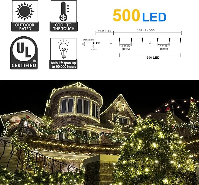 kemooie 500 LED Christmas Lights 164FT 8 Lighting Mode with Memory Plug in Waterproof Christmas Lights Outdoor for Birthday Christmas Tree Wedding Party Garden Balcony Decorations (Warm White)