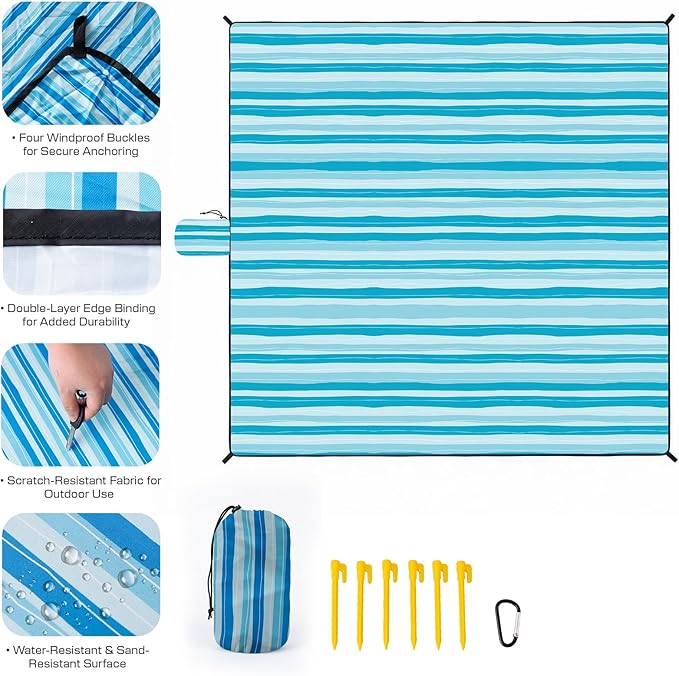 OIGAE 7x7ft Sandproof Beach Blanket - Large Waterproof Picnic Mat for 3-4 People Lightweight Sand Free Mat for Summer Vacation with 6 Stakes &amp 4 Corner Pockets for Beach Camping Festivals