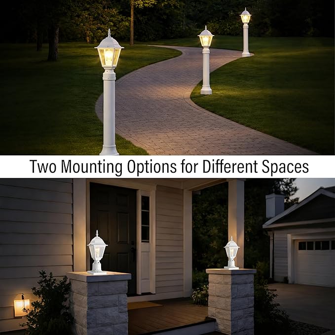 Outdoor Post Lights 2 Pack Dusk to Dawn with Photocell Waterproof Exterior Post Light Fixture 5.9” Pier Mount Base White Aluminum Post Lantern with Clear Glass